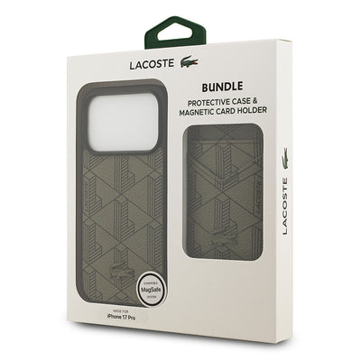 Apple iPhone 17 Pro Kılıf Lacoste Orjinal Lisanslı M-safe Şarj Özellikli PU Deri Tasarımlı Kartlıklı Karışık Monogram Desenli Kapak Yeşil