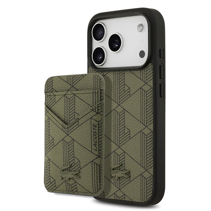 iPhone 17 Pro Kılıf Lacoste Orjinal Lisanslı M-safe Şarj Özellikli PU Deri Tasarımlı Kartlıklı Karışık Monogram Desenli Kılıf