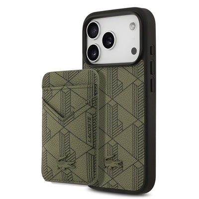 Apple iPhone 17 Pro Kılıf Lacoste Orjinal Lisanslı M-safe Şarj Özellikli PU Deri Tasarımlı Kartlıklı Karışık Monogram Desenli Kapak Yeşil