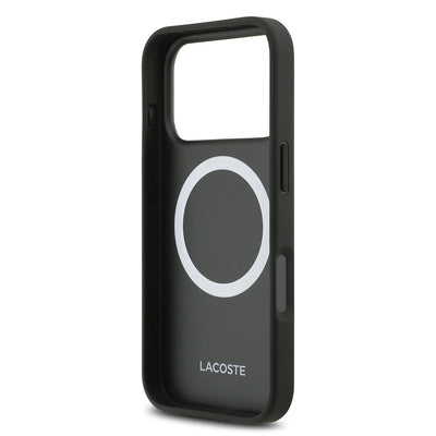 Apple iPhone 17 Pro Kılıf Lacoste Orjinal Lisanslı M-safe Şarj Özellikli PU Pike Desenli Metal Logolu Kartlıklı Kapak Siyah