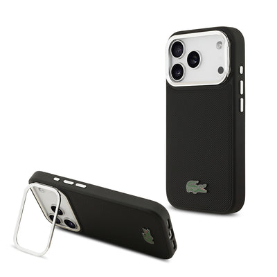 Apple iPhone 17 Pro Kılıf Lacoste Orjinal Lisanslı M-safe Şarj Özellikli PU Pike Desenli Standlı Metal Logolu Kapak Siyah