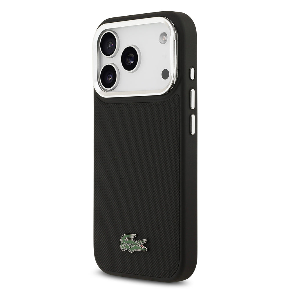 Apple iPhone 17 Pro Kılıf Lacoste Orjinal Lisanslı M-safe Şarj Özellikli PU Pike Desenli Standlı Metal Logolu Kapak Siyah