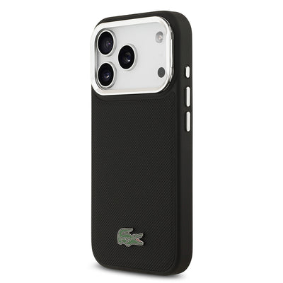 Apple iPhone 17 Pro Kılıf Lacoste Orjinal Lisanslı M-safe Şarj Özellikli PU Pike Desenli Standlı Metal Logolu Kapak Siyah
