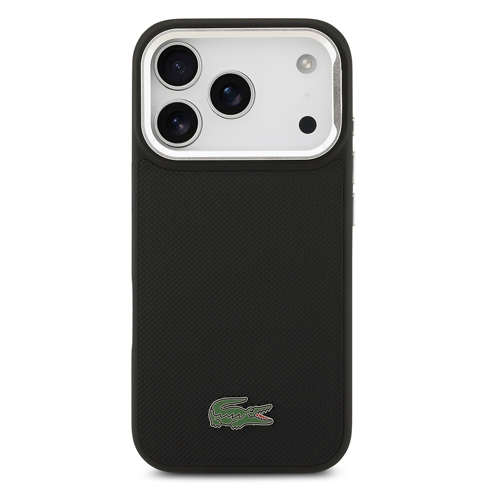 Apple iPhone 17 Pro Kılıf Lacoste Orjinal Lisanslı M-safe Şarj Özellikli PU Pike Desenli Standlı Metal Logolu Kapak Siyah