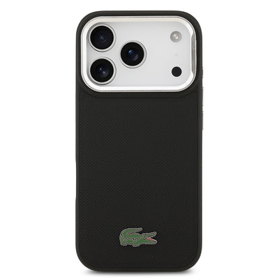 Apple iPhone 17 Pro Kılıf Lacoste Orjinal Lisanslı M-safe Şarj Özellikli PU Pike Desenli Standlı Metal Logolu Kapak Siyah