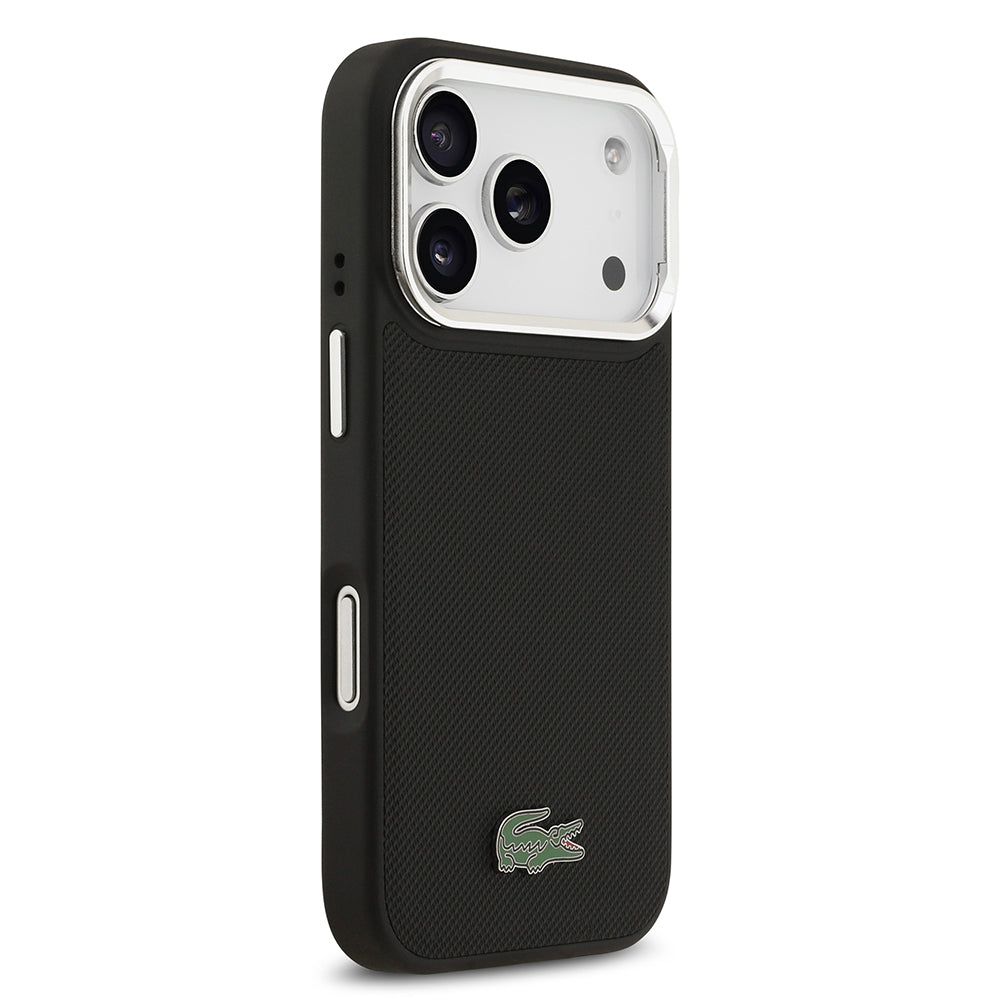 Apple iPhone 17 Pro Kılıf Lacoste Orjinal Lisanslı M-safe Şarj Özellikli PU Pike Desenli Standlı Metal Logolu Kapak Siyah
