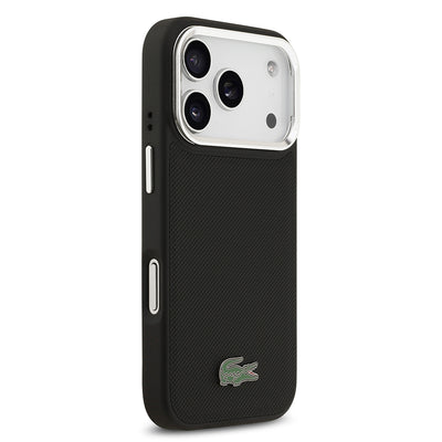 Apple iPhone 17 Pro Kılıf Lacoste Orjinal Lisanslı M-safe Şarj Özellikli PU Pike Desenli Standlı Metal Logolu Kapak Siyah