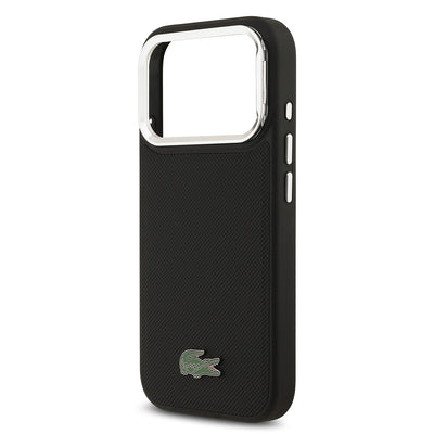 Apple iPhone 17 Pro Kılıf Lacoste Orjinal Lisanslı M-safe Şarj Özellikli PU Pike Desenli Standlı Metal Logolu Kapak Siyah