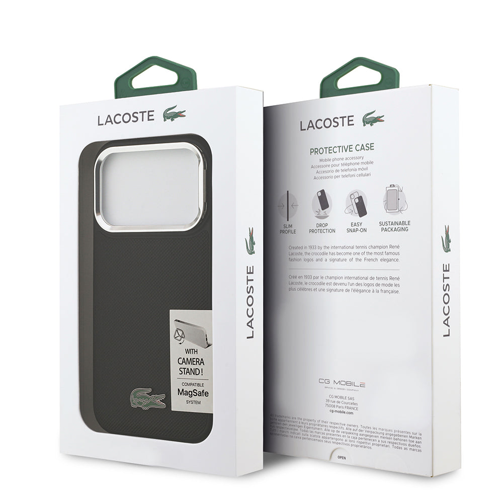 Apple iPhone 17 Pro Kılıf Lacoste Orjinal Lisanslı M-safe Şarj Özellikli PU Pike Desenli Standlı Metal Logolu Kapak Siyah