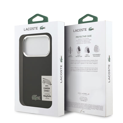 Apple iPhone 17 Pro Kılıf Lacoste Orjinal Lisanslı M-safe Şarj Özellikli PU Pike Desenli Standlı Metal Logolu Kapak Siyah
