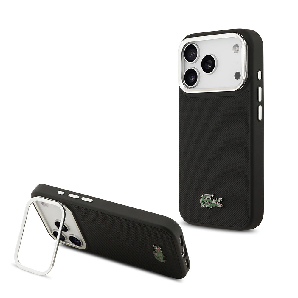 Apple iPhone 17 Pro Kılıf Lacoste Orjinal Lisanslı M-safe Şarj Özellikli PU Pike Desenli Standlı Metal Logolu Kapak Siyah