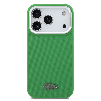 Apple iPhone 17 Pro Kılıf Lacoste Orjinal Lisanslı M-safe Şarj Özellikli PU Pike Desenli Standlı Metal Logolu Kapak Yeşil