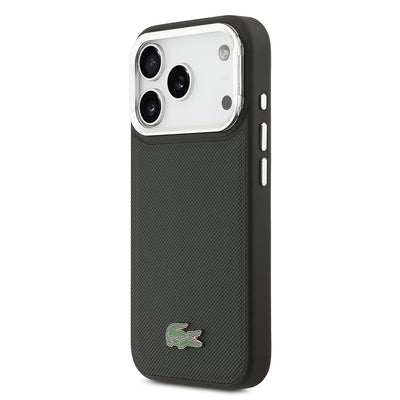 Apple iPhone 17 Pro Kılıf Lacoste Orjinal Lisanslı M-safe Şarj Özellikli PU Pike Desenli Standlı Metal Logolu Kapak Koyu Yeşil