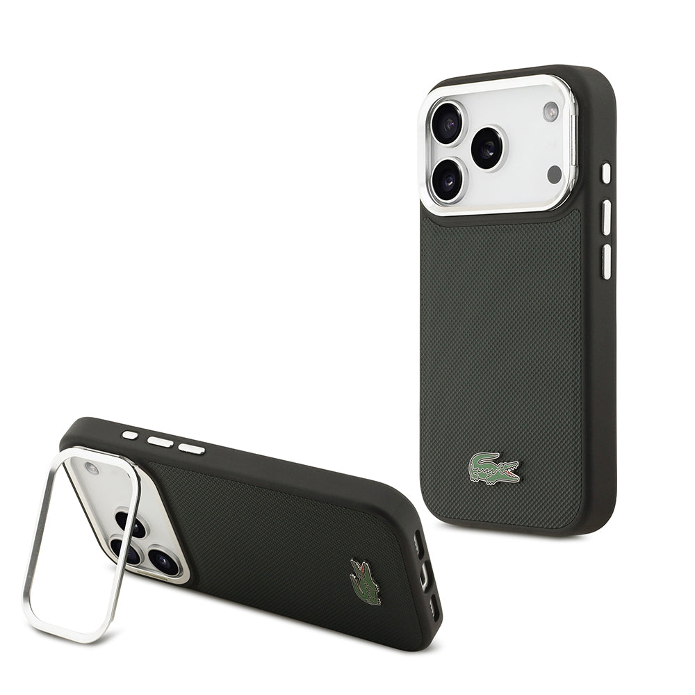 iPhone 17 Pro Kılıf Lacoste Orjinal Lisanslı M-safe Şarj Özellikli PU Pike Desenli Standlı Metal Logolu Kılıf