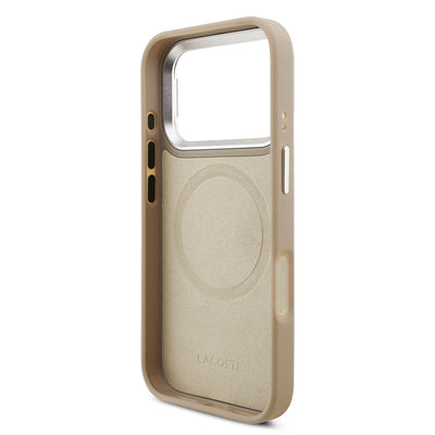 Apple iPhone 17 Pro Kılıf Lacoste Orjinal Lisanslı M-safe Şarj Özellikli PU Pike Desenli Standlı Metal Logolu Kapak Koyu Yeşil