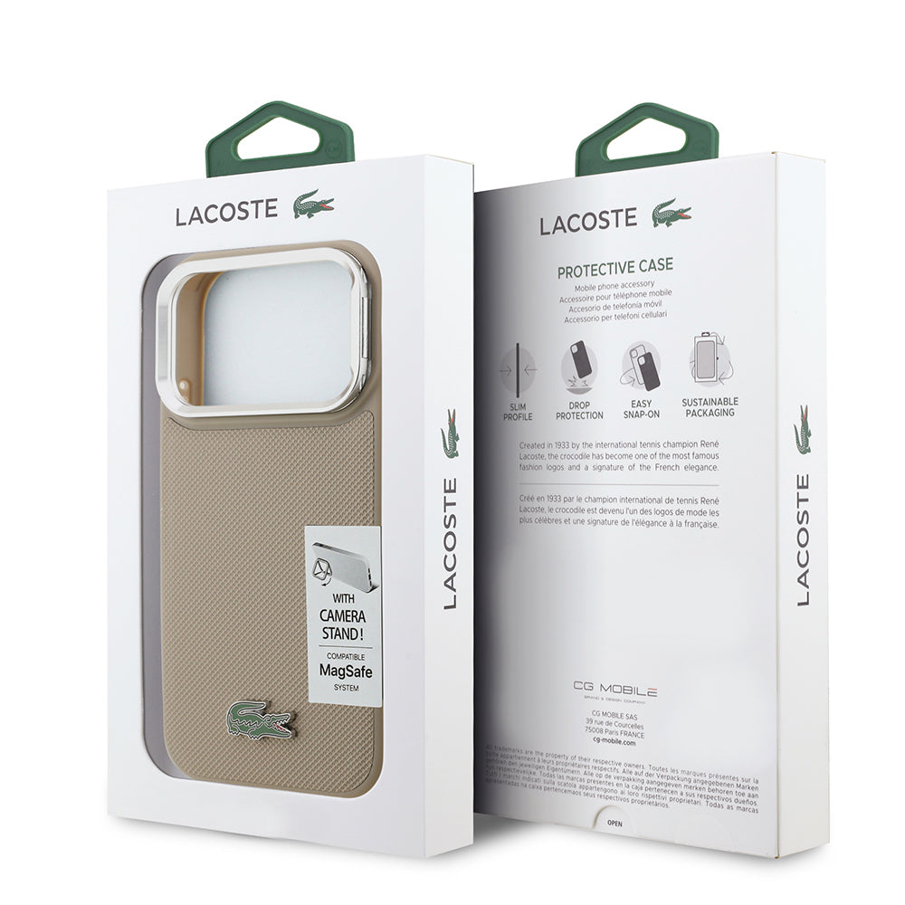 iPhone 17 Pro Kılıf Lacoste Orjinal Lisanslı M-safe Şarj Özellikli PU Pike Desenli Standlı Metal Logolu Kılıf