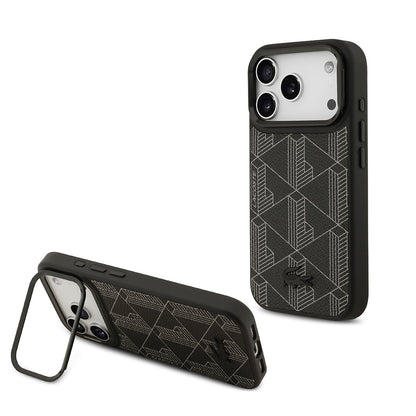 iPhone 17 Pro Kılıf Lacoste Orjinal Lisanslı M-safe Şarj Özellikli Standlı PU Deri Karışık Monogram Desenli Kılıf