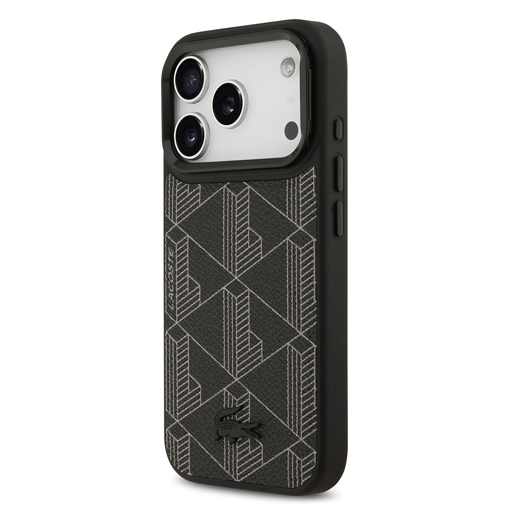 iPhone 17 Pro Kılıf Lacoste Orjinal Lisanslı M-safe Şarj Özellikli Standlı PU Deri Karışık Monogram Desenli Kılıf