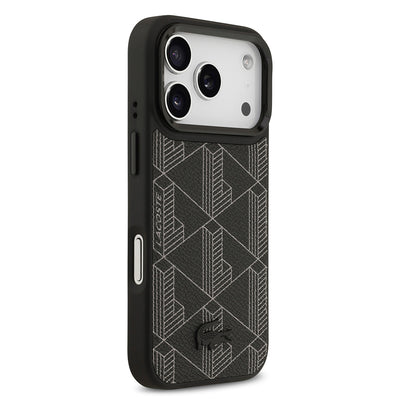 Apple iPhone 17 Pro Kılıf Lacoste Orjinal Lisanslı M-safe Şarj Özellikli Standlı PU Deri Karışık Monogram Desenli Kapak Yeşil