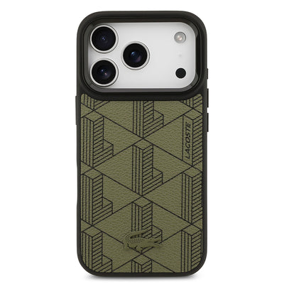 Apple iPhone 17 Pro Kılıf Lacoste Orjinal Lisanslı M-safe Şarj Özellikli Standlı PU Deri Karışık Monogram Desenli Kapak Yeşil