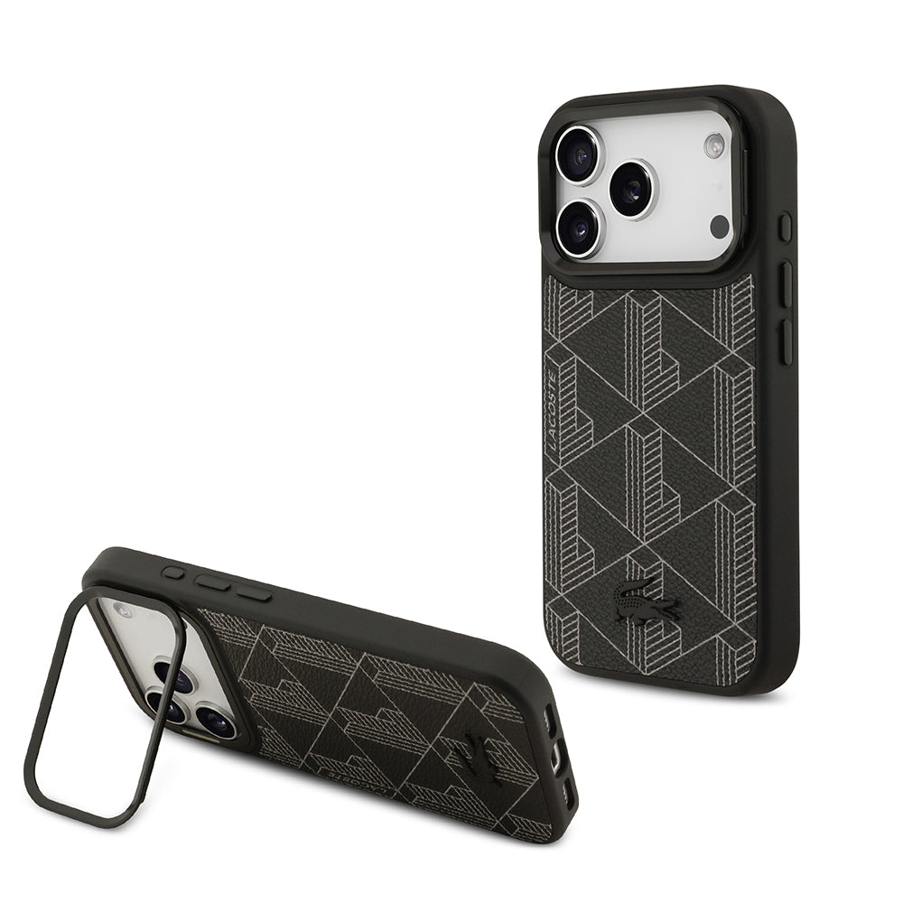 iPhone 17 Pro Kılıf Lacoste Orjinal Lisanslı M-safe Şarj Özellikli Standlı PU Deri Karışık Monogram Desenli Kılıf