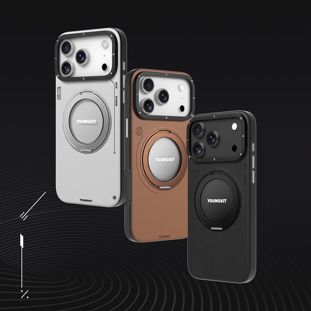 Apple iPhone 17 Pro Kılıf M-safe Şarj Özellikli 360 Derece Standlı Basit Mat Deri Desenli Youngkit Tech Leather Serisi Kapak Siyah