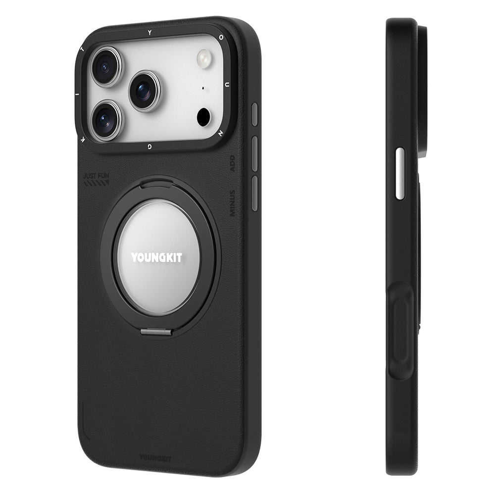 iPhone 17 Pro Kılıf M-safe Şarj Özellikli 360 Derece Standlı Basit Mat Deri Desenli Youngkit Tech Leather Serisi Kılıf