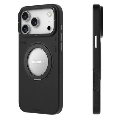 Apple iPhone 17 Pro Kılıf M-safe Şarj Özellikli 360 Derece Standlı Basit Mat Deri Desenli Youngkit Tech Leather Serisi Kapak Gri