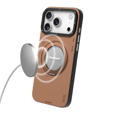 Apple iPhone 17 Pro Kılıf M-safe Şarj Özellikli 360 Derece Standlı Basit Mat Deri Desenli Youngkit Tech Leather Serisi Kapak Kahverengi