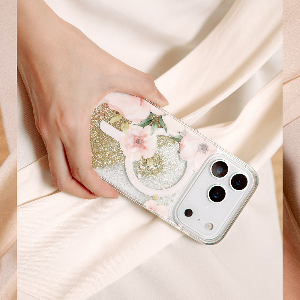 iPhone 17 Pro Kılıf M-safe Şarj Özellikli Çiçek Desenli Simli Arka Yüzey Coehl Fleurette Kılıf