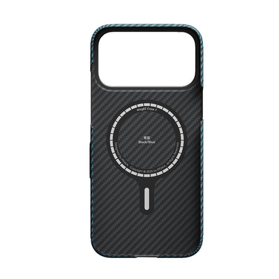 Apple iPhone 17 Pro Kılıf M-Safe Şarj Özellikli Kamera Kontrol Butonlu Aramid Fiber Pitaka Ultra-Slim Kapak Siyah-Mavi