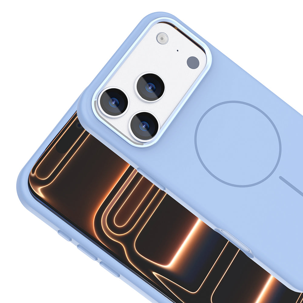 Apple iPhone 17 Pro Kılıf M-Safe Şarj Özellikli Metal Kamera Çerçeveli Zore Edi Silikon Kapak Açık Mavi