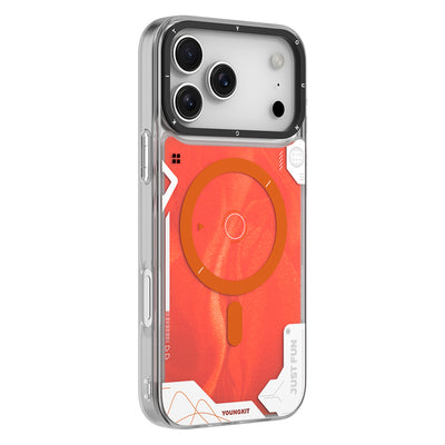 Apple iPhone 17 Pro Kılıf M-safe Şarj Özellikli Parlak Kumlu Sıvılı Tasarımlı Galaxy Fantasy Serisi Kapak Turuncu