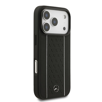 Apple iPhone 17 Pro Kılıf Mercedes Benz Orjinal Lisanslı M-safe Şarj Özellikli Şeritli Yıldız Desenli Metal Logolu Deri Kapak Siyah