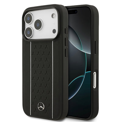 Apple iPhone 17 Pro Kılıf Mercedes Benz Orjinal Lisanslı M-safe Şarj Özellikli Şeritli Yıldız Desenli Metal Logolu Deri Kapak Siyah