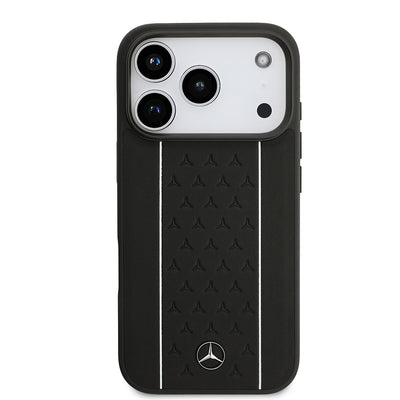 Apple iPhone 17 Pro Kılıf Mercedes Benz Orjinal Lisanslı M-safe Şarj Özellikli Şeritli Yıldız Desenli Metal Logolu Deri Kapak Siyah