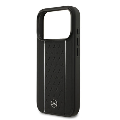 Apple iPhone 17 Pro Kılıf Mercedes Benz Orjinal Lisanslı M-safe Şarj Özellikli Şeritli Yıldız Desenli Metal Logolu Deri Kapak Siyah