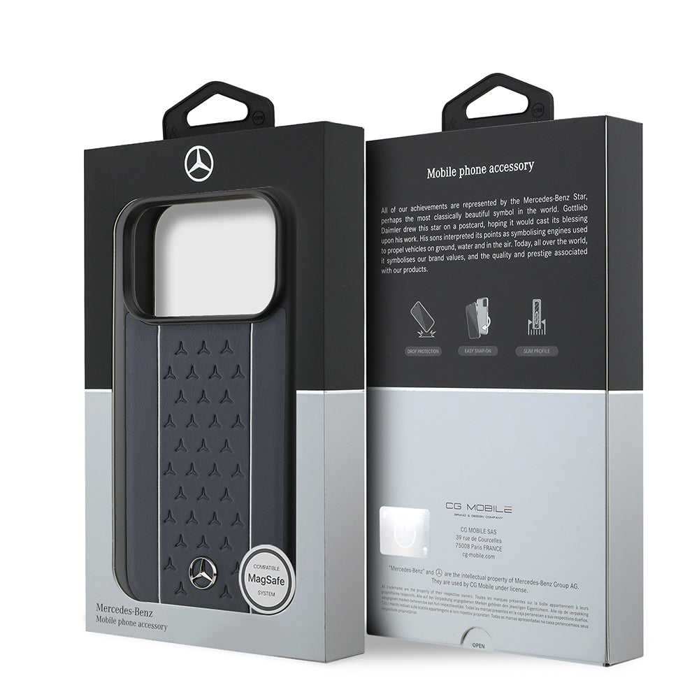 iPhone 17 Pro Kılıf Mercedes Benz Orjinal Lisanslı M-safe Şarj Özellikli Şeritli Yıldız Desenli Metal Logolu Deri Kılıf