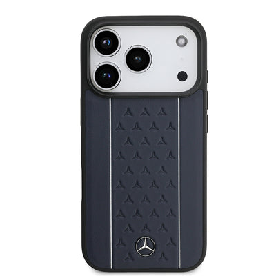 Apple iPhone 17 Pro Kılıf Mercedes Benz Orjinal Lisanslı M-safe Şarj Özellikli Şeritli Yıldız Desenli Metal Logolu Deri Kapak Lacivert