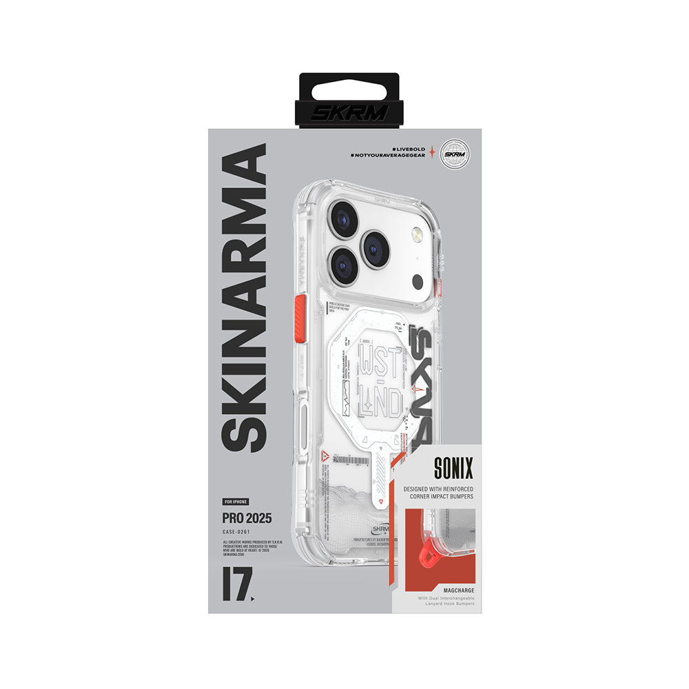 iPhone 17 Pro Kılıf Skinarma M-safe Şarj Özellikli Yazı Desenli Airbag Tasarımlı Sonix Kılıf