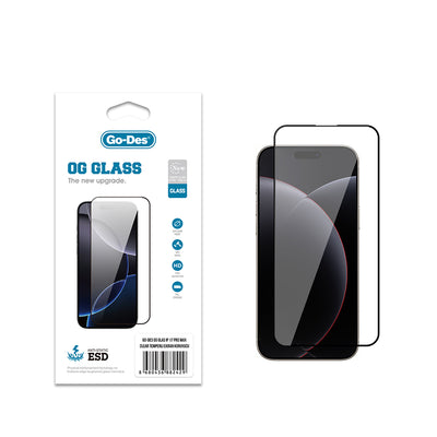 Apple iPhone 17 Pro Max Go Des OG Glass Antistatik Temperli Cam Ekran Koruyucu Şeffaf
