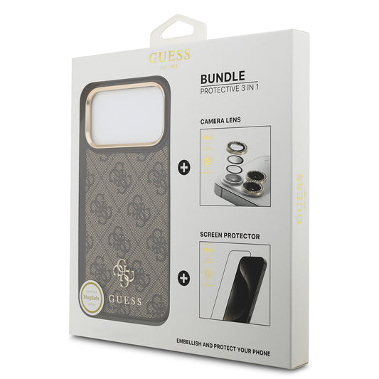 iPhone 17 Pro Max Guess Orjinal Lisanslı 4G ve Yazı Logolu Kılıf + Ekran Koruyucu + Lens Koruyucu 3in1 Aksesuar Seti