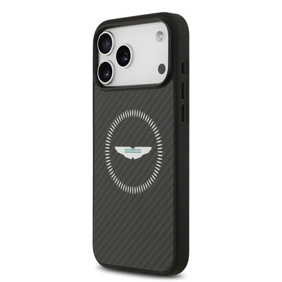 Apple iPhone 17 Pro Max Kılıf Aston Martin Orjinal Lisanslı M-safe Şarj Özellikli Karbon Fiber Kevlar Kapak Siyah