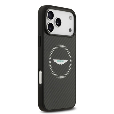 Apple iPhone 17 Pro Max Kılıf Aston Martin Orjinal Lisanslı M-safe Şarj Özellikli Karbon Fiber Kevlar Kapak Siyah