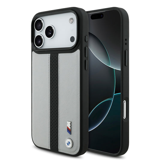 iPhone 17 Pro Max Kılıf BMW Orjinal Lisanslı M-safe Şarj Özellikli Deri Arka Yüzey Metal Logolu Delikli Şerit Tasarımlı Kılıf