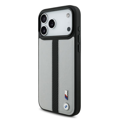 Apple iPhone 17 Pro Max Kılıf BMW Orjinal Lisanslı M-safe Şarj Özellikli Deri Arka Yüzey Metal Logolu Delikli Şerit Tasarımlı Kapak Mavi