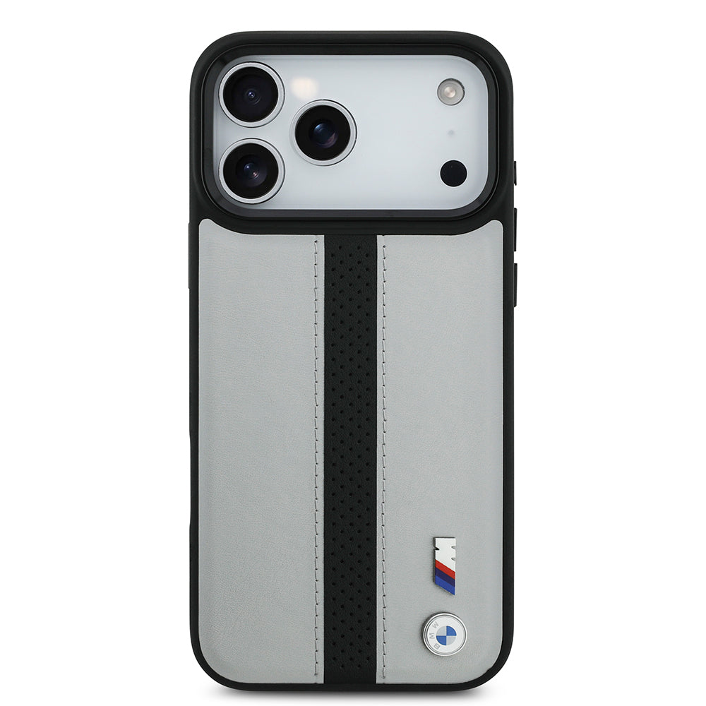 iPhone 17 Pro Max Kılıf BMW Orjinal Lisanslı M-safe Şarj Özellikli Deri Arka Yüzey Metal Logolu Delikli Şerit Tasarımlı Kılıf