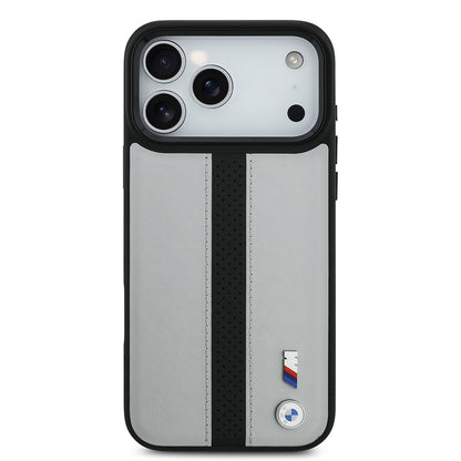 iPhone 17 Pro Max Kılıf BMW Orjinal Lisanslı M-safe Şarj Özellikli Deri Arka Yüzey Metal Logolu Delikli Şerit Tasarımlı Kılıf