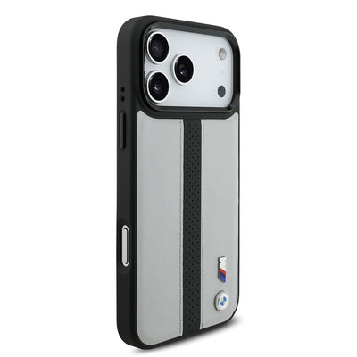 Apple iPhone 17 Pro Max Kılıf BMW Orjinal Lisanslı M-safe Şarj Özellikli Deri Arka Yüzey Metal Logolu Delikli Şerit Tasarımlı Kapak Gri