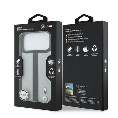 Apple iPhone 17 Pro Max Kılıf BMW Orjinal Lisanslı M-safe Şarj Özellikli Deri Arka Yüzey Metal Logolu Delikli Şerit Tasarımlı Kapak Mavi